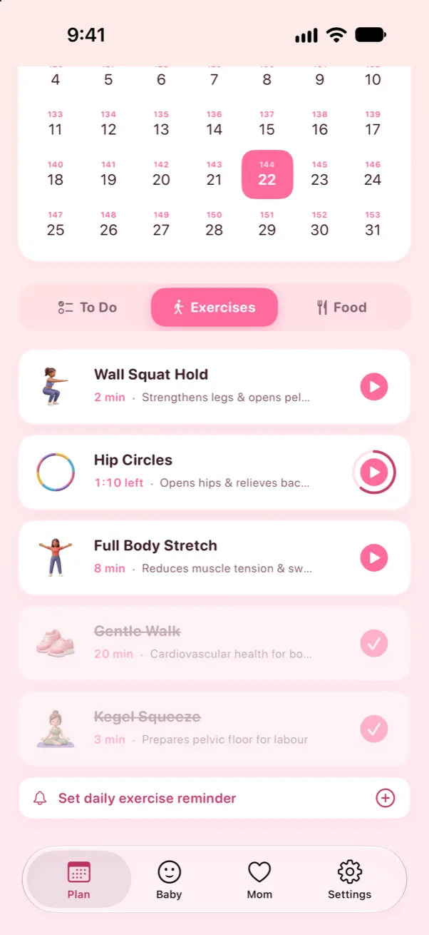 Prego guided pregnancy exercises: gentle walk and Kegels done, hip circles in progress