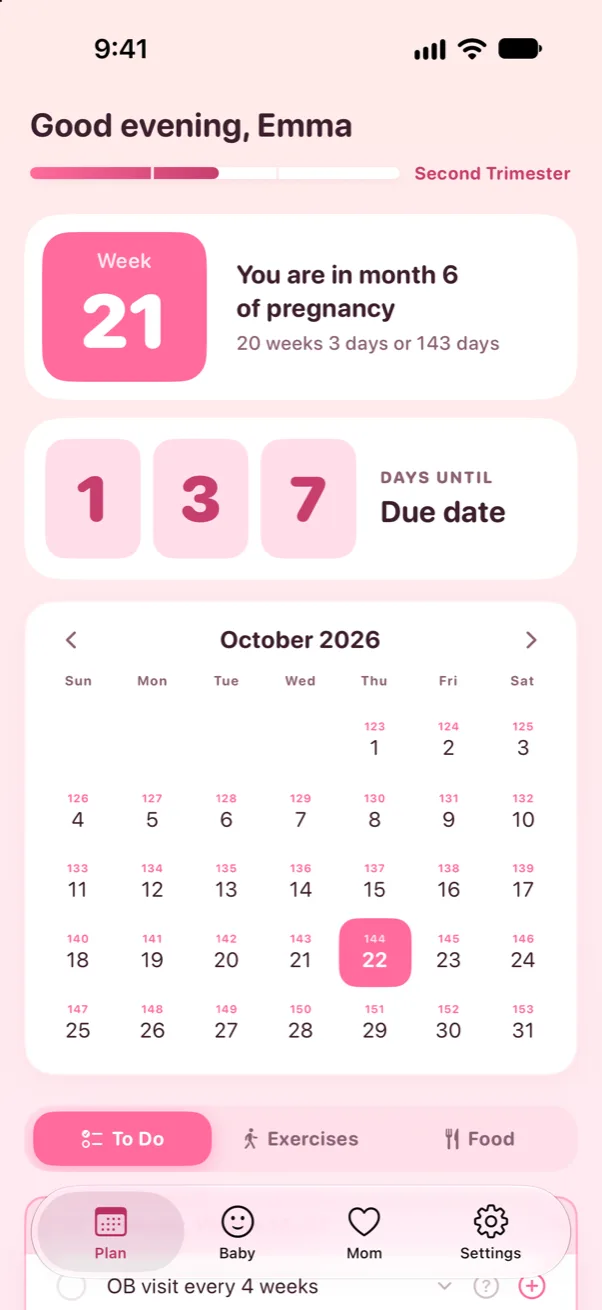 Prego Plan tab: week 21, month 6, 137 days until the due date and a pregnancy calendar