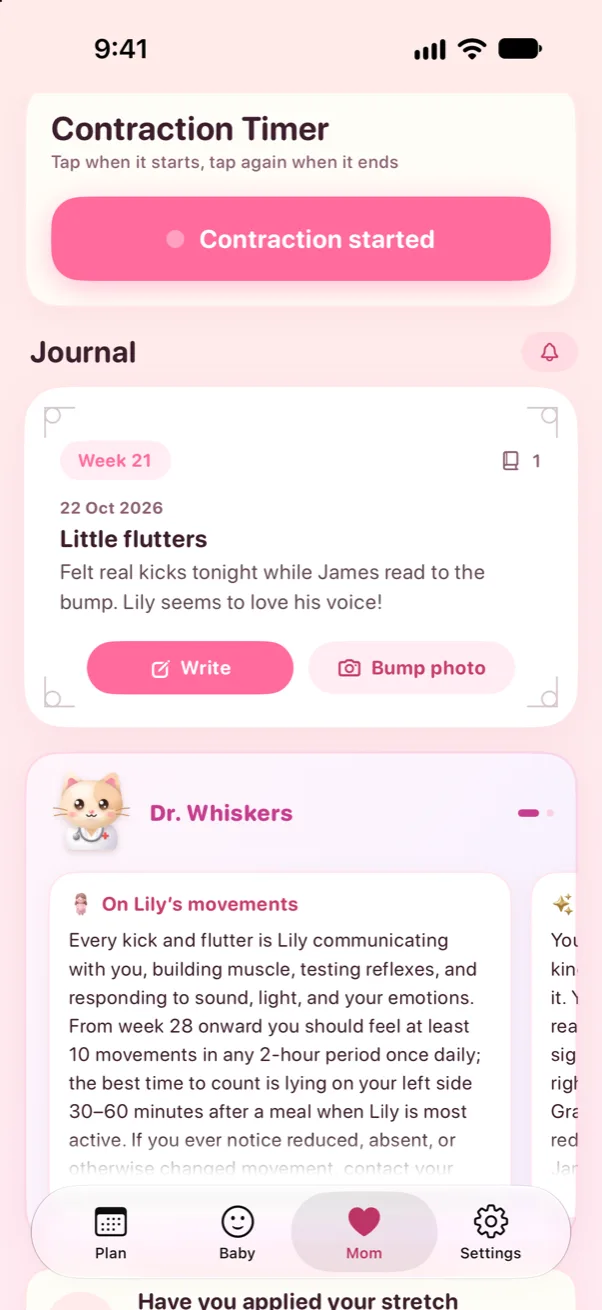 Prego contraction timer and a week 21 journal entry, with a Dr. Whiskers tip about the baby's movements