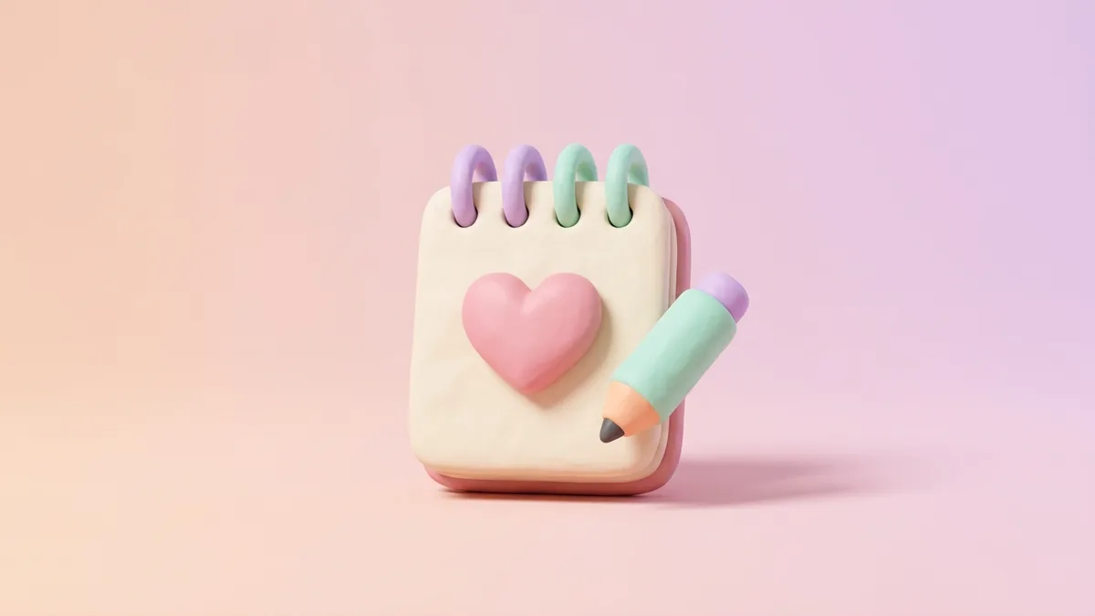 A 3D clay notepad and pencil with a pink heart on a soft cream background