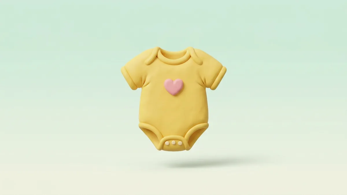 A 3D clay yellow baby onesie with a small heart on a soft mint background