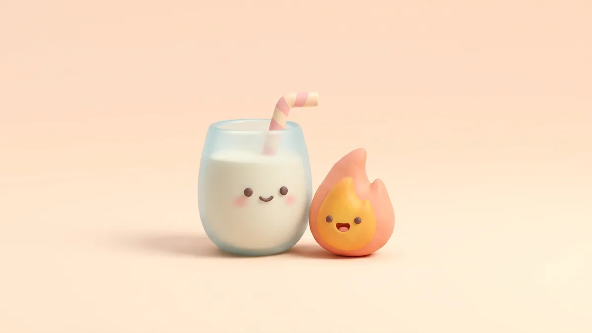 A 3D clay glass of milk and a small flame on a soft peach background
