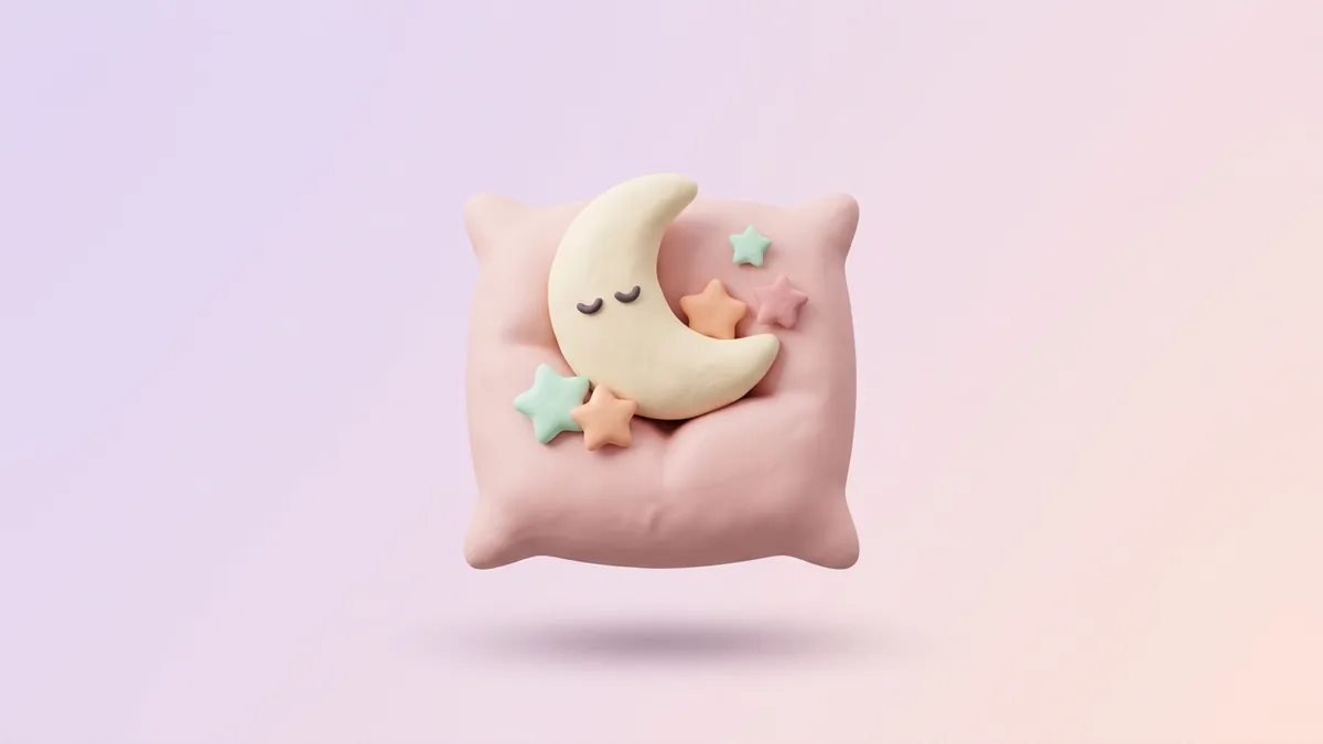 A 3D clay crescent moon and stars over a soft pillow on a lilac background