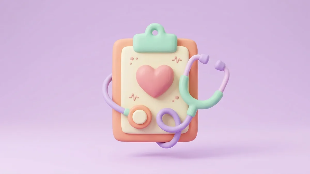 A 3D clay clipboard with a heart and a stethoscope on a soft lilac background