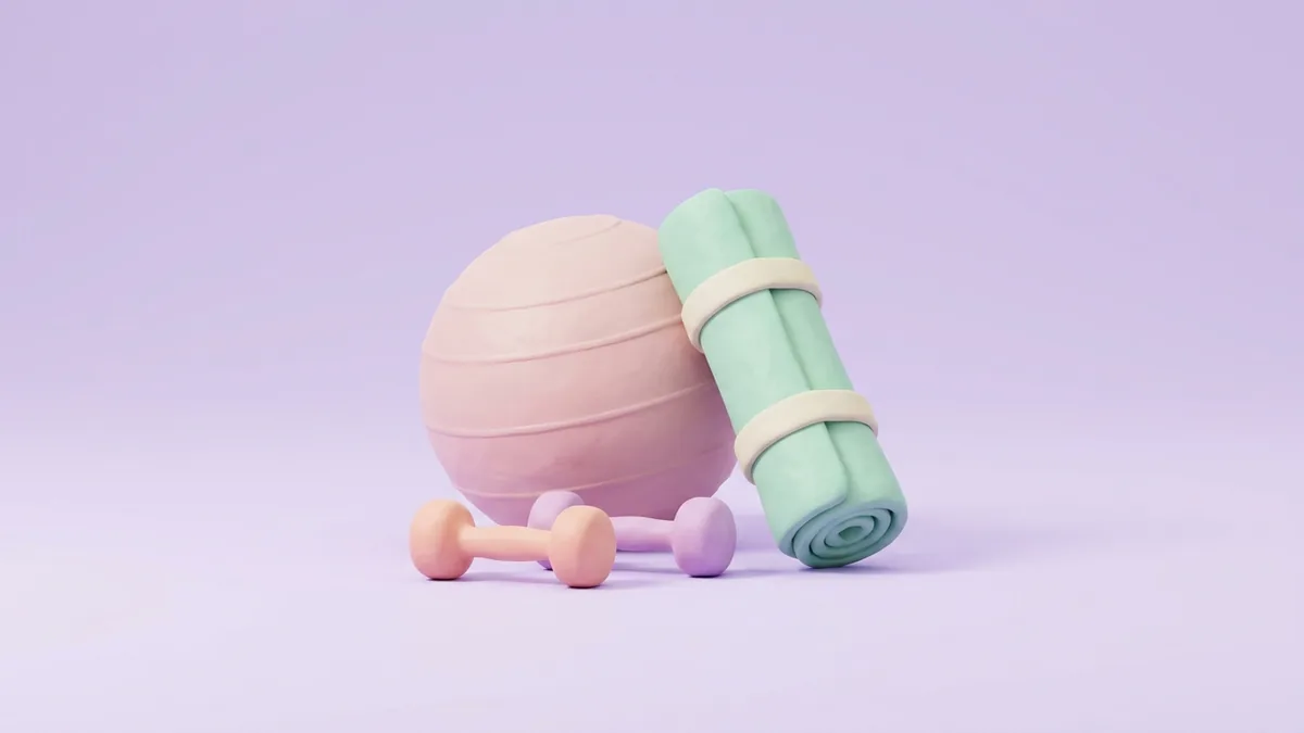 A 3D clay yoga mat and pastel dumbbells on a soft lavender background