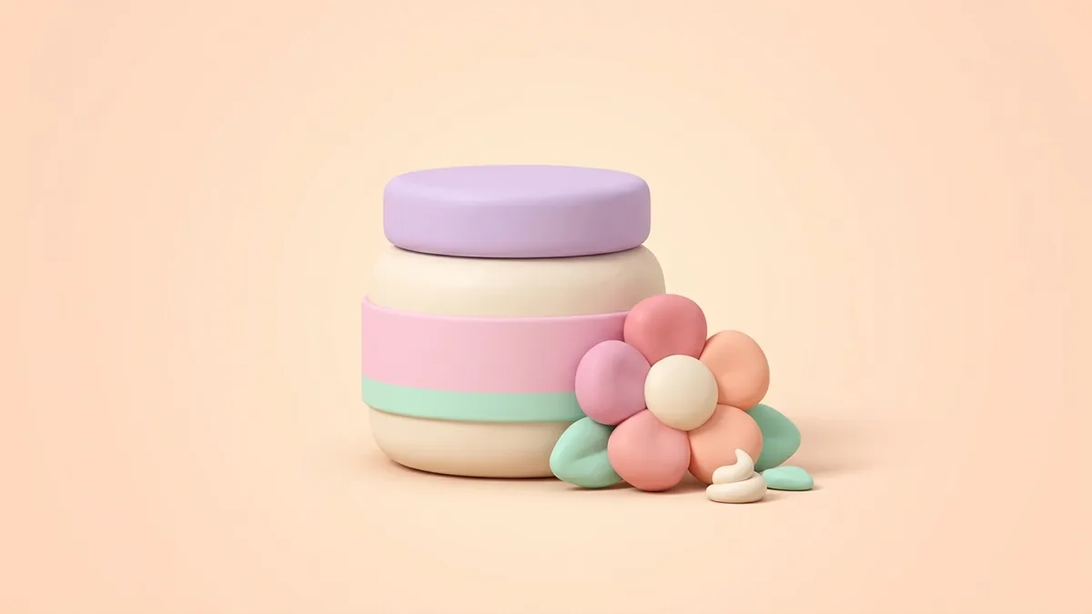 A 3D clay jar of body butter and a pastel flower on a soft peach background
