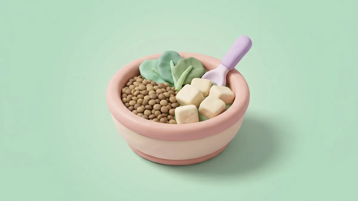 A 3D clay bowl of lentils, tofu and greens on a soft green background