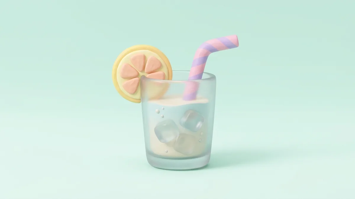 A 3D clay water glass with a lemon slice and a pastel straw on a soft mint background